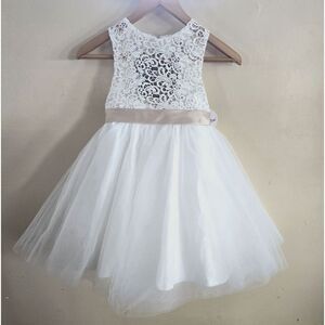 Miama Girls White FlowerGirl Formal Dress 7 Gold Bow Sash Tulle Lace Wedding NWT